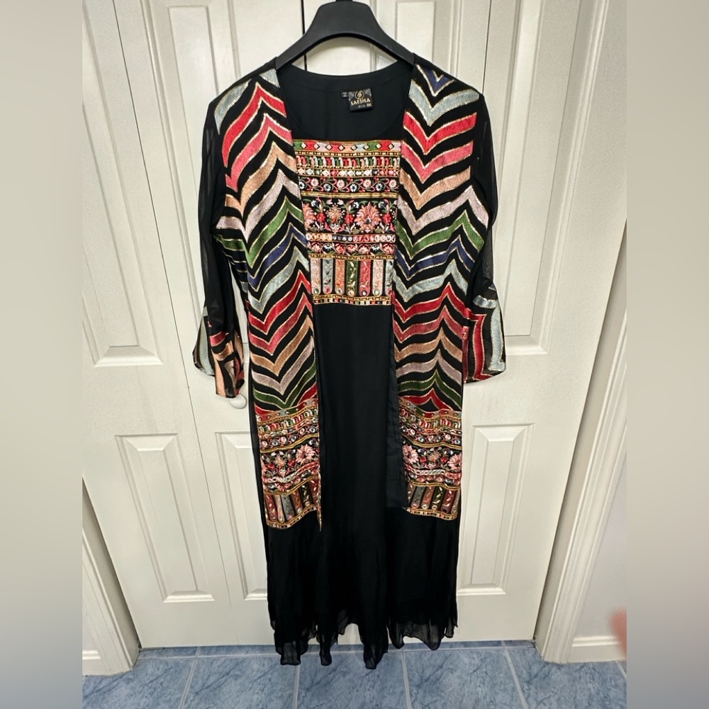 Sale‼️Colorful Embroidered Long Black Sabyasachi-inspired gown in size 25”